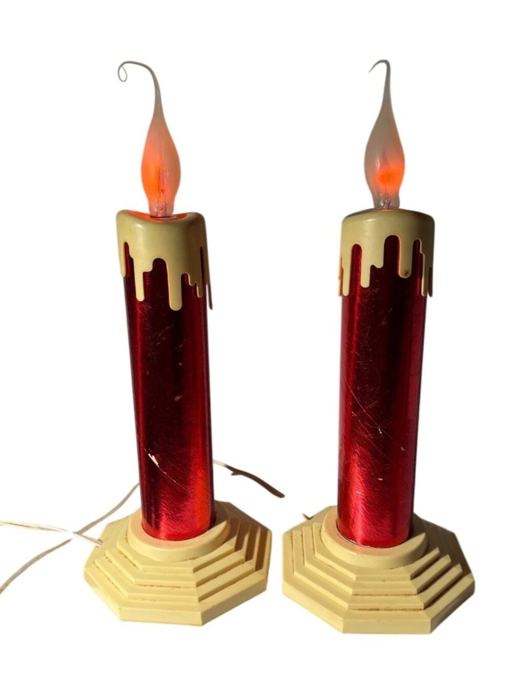 Electric Red Foil Christmas Candle Lamps 10" Tiered Bases Lot of 2 Vintage